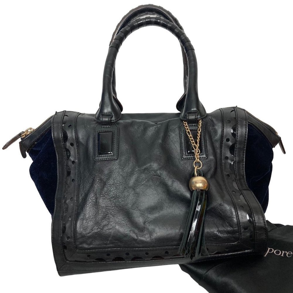 Nanette Lepore Black Faux Leather Shoulder Bag Navy Velvet Gusset Tassel Dustbag